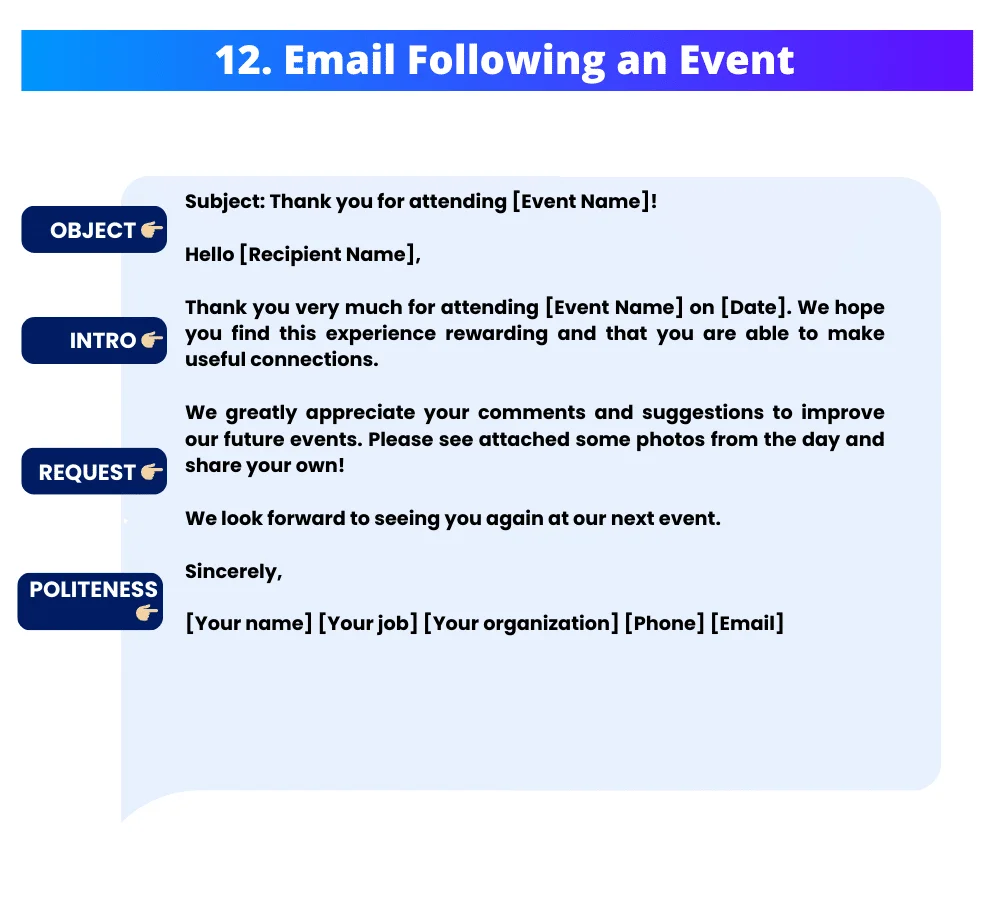 modello di e-mail di richiesta di riunione a seguito di un evento