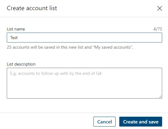 LinkedIn Sales Navigator create account list modal