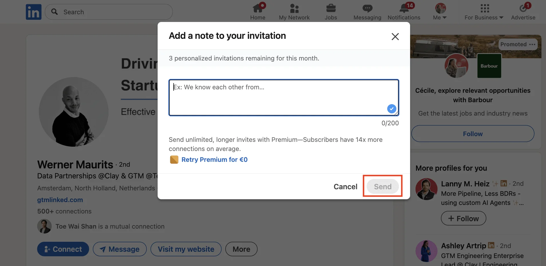 LinkedIn connection request send a note