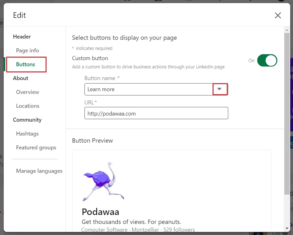 Configuration bouton personnalisé LinkedIn Podawaa