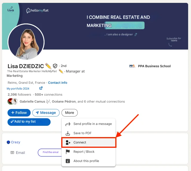 Senden Sie eine Einladung über Ihr LinkedIn-Profil (Dropdown-Menü).