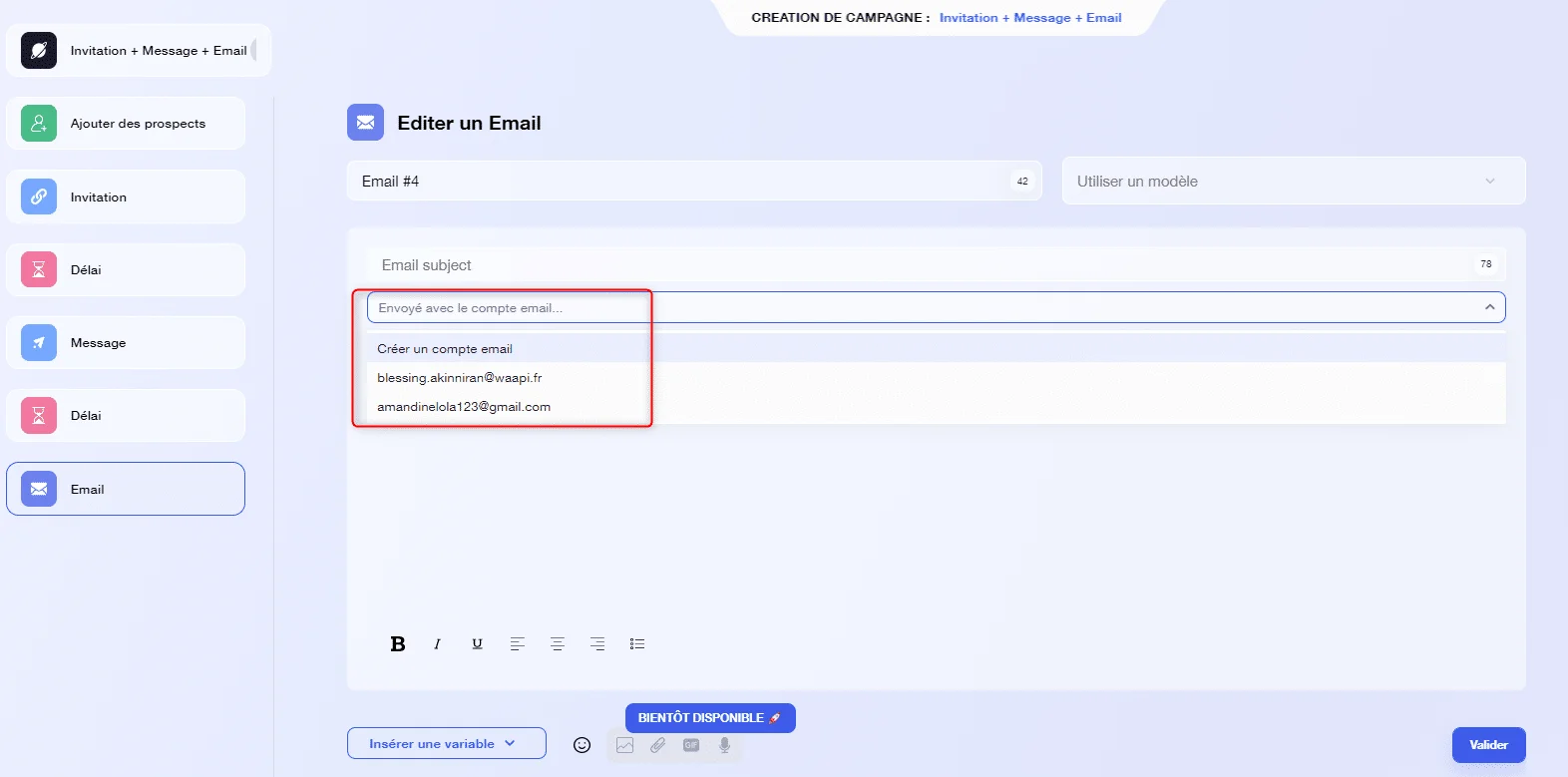 Page de création d'email avec champ d'adresse email sélectionné.
