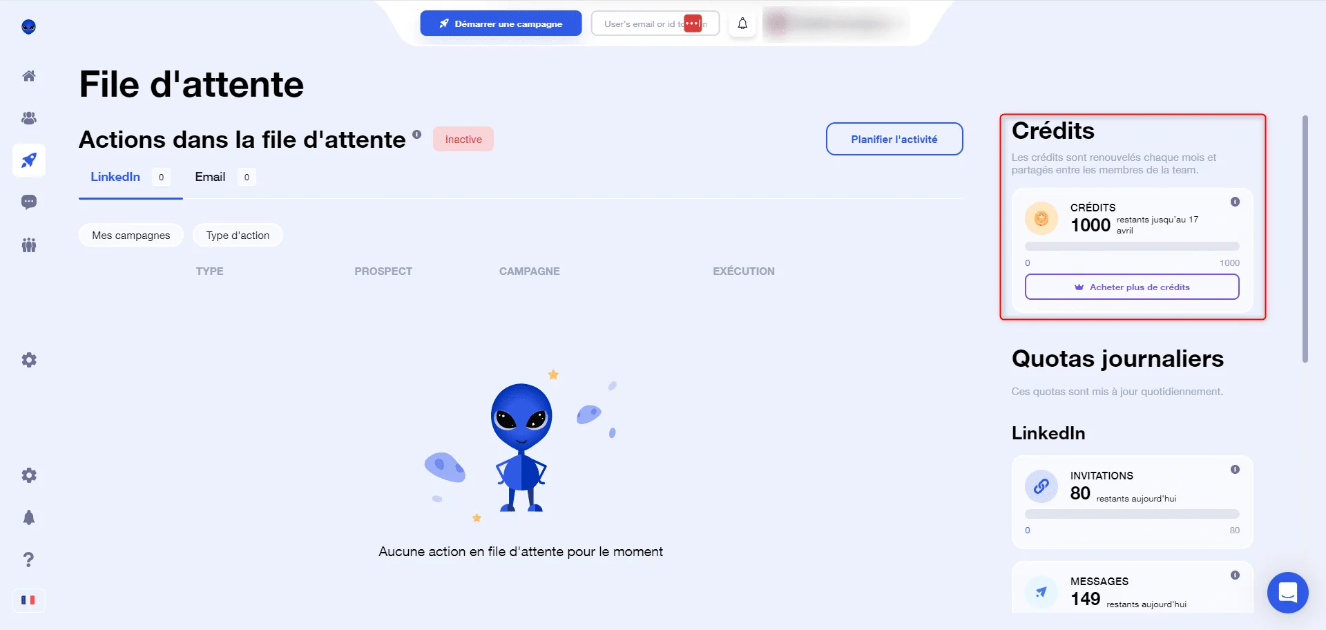 Page d'attente LinkedIn, crédits 1000, quota journalier 60, messages 149.