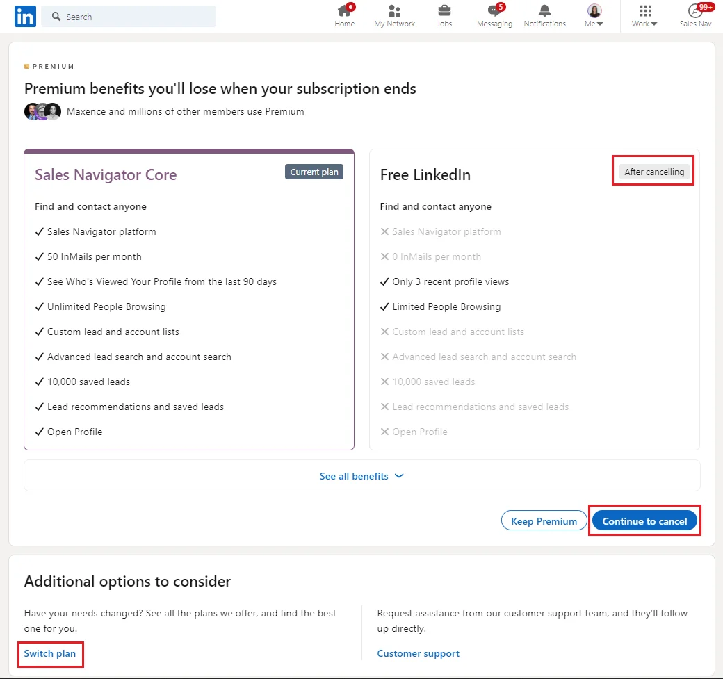 Comparaison Sales Navigator Core Free LinkedIn