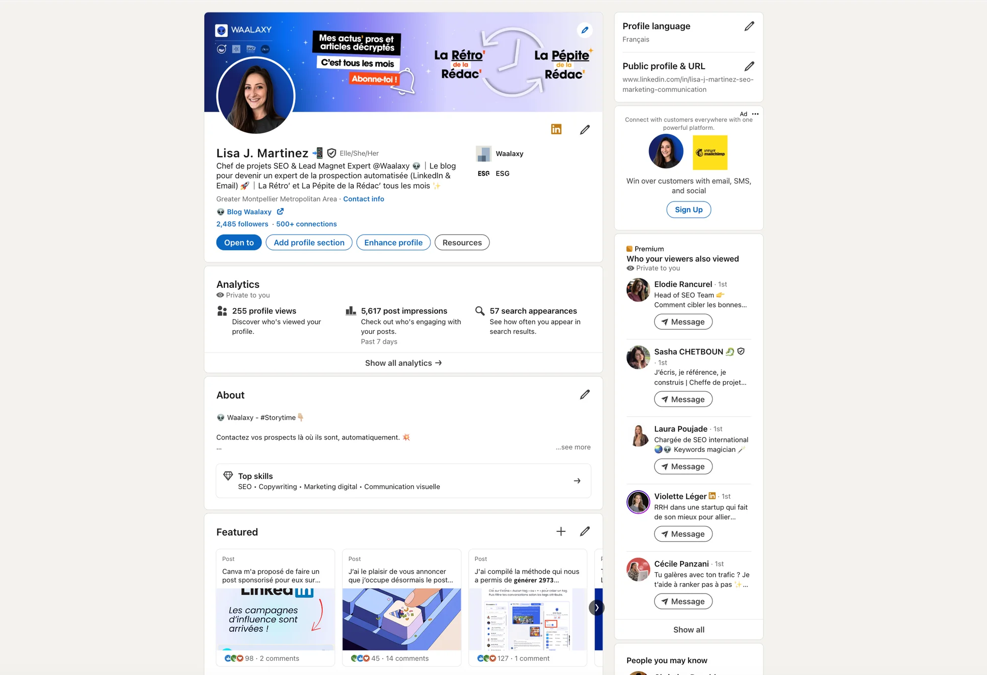 Réussir une stratégie de cold email linkedin : Page LinkedIn profil Lisa J. Martinez, statistiques et options d'interaction.