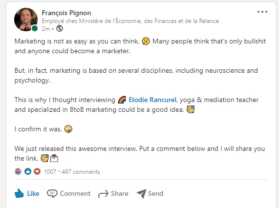 Post LinkedIn François Pignon marketing neurosciences