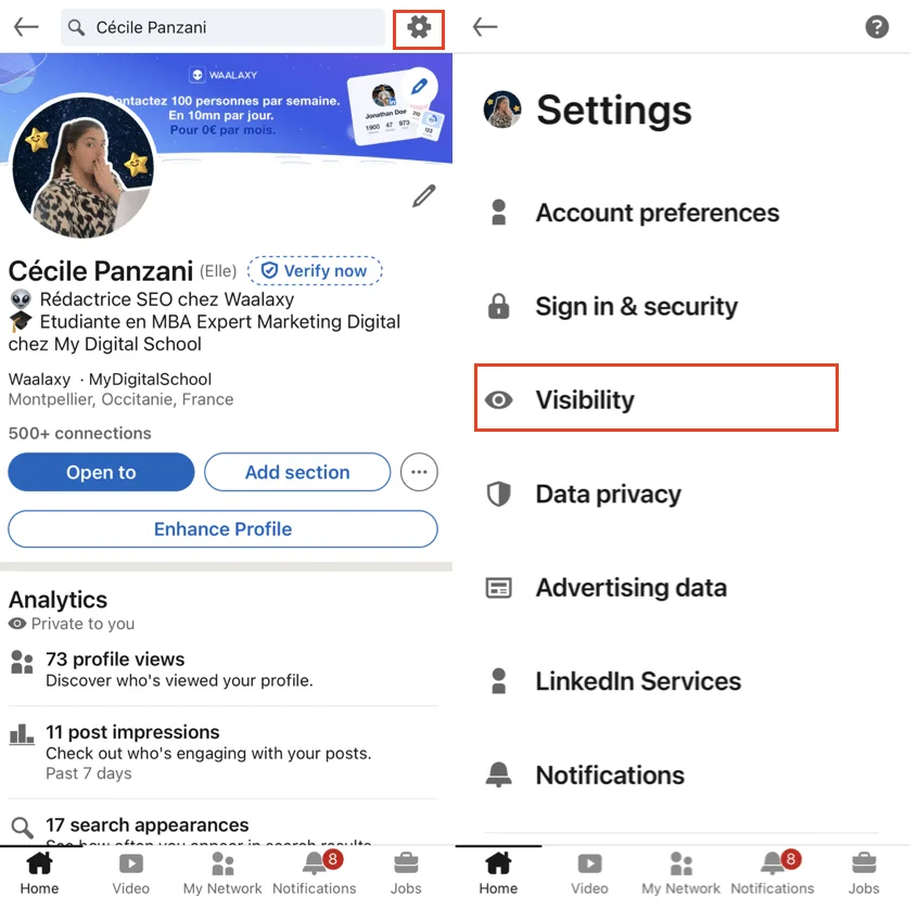 LinkedIn settings visibility