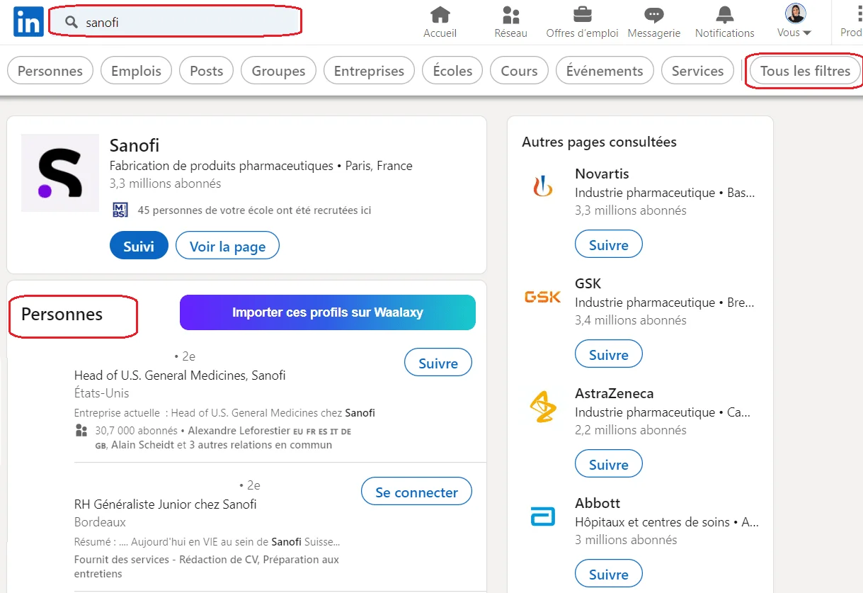 Page LinkedIn recherchant "Sanofi" avec résultats pour "Personnes". Profil d'utilisateur en haut, filtres à droite. 3,5 millions d'utilisateurs abonnés.