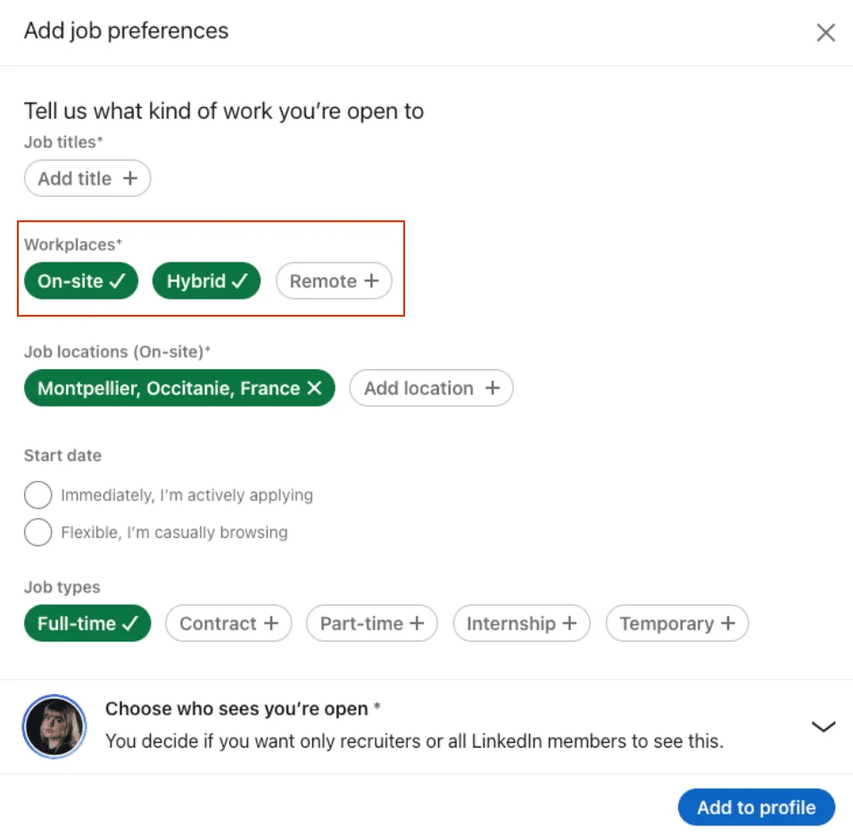 add open to work on LinkedIn