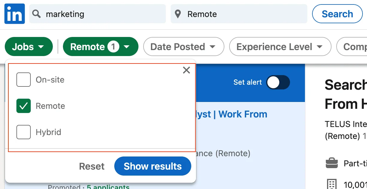 choose type of remote on LinkedIn jobs