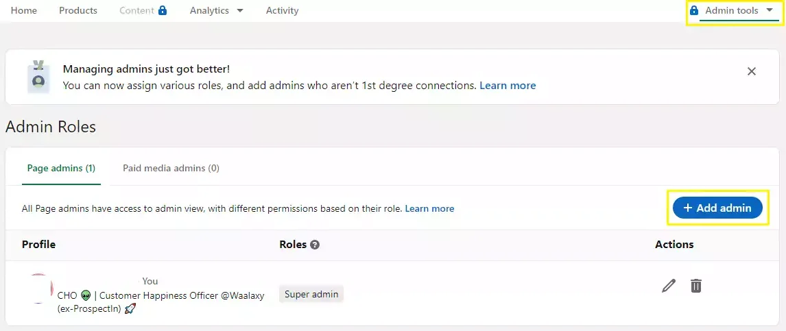 administrar la página de linkedin de administradores