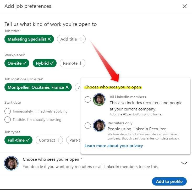 add open to work LinkedIn