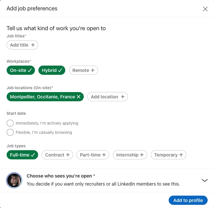 how to add LinkedIn open to work