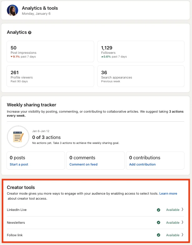 Zugang zu den Tools zur Erstellung von LinkedIn-Inhalten.