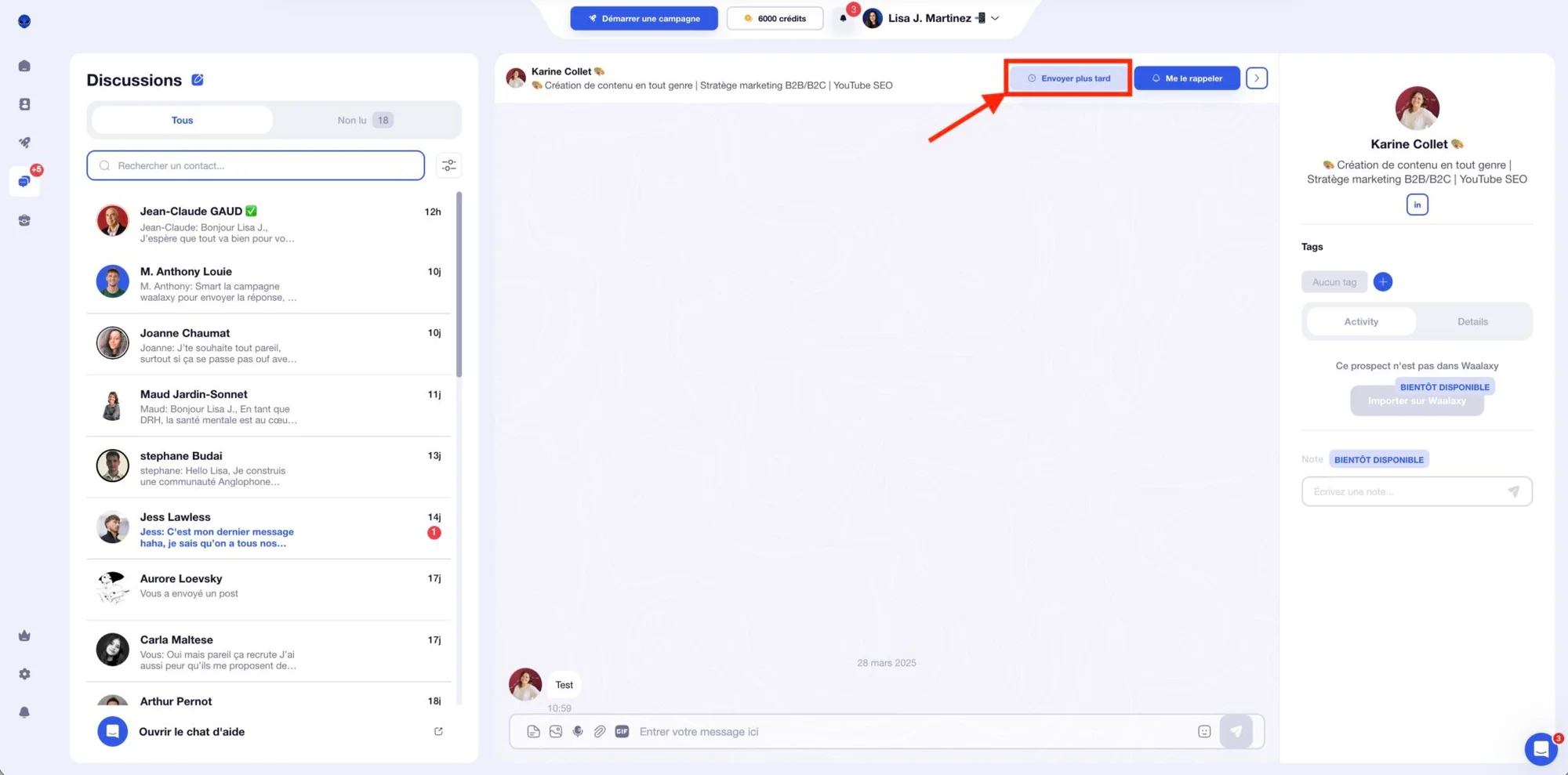 Interface Inbox Waalaxy pour gérer ses messages LinkedIn