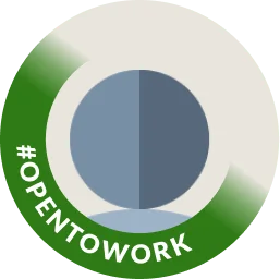 Bouton vert "OpenToWork" en cercle, fond blanc, texte noir.