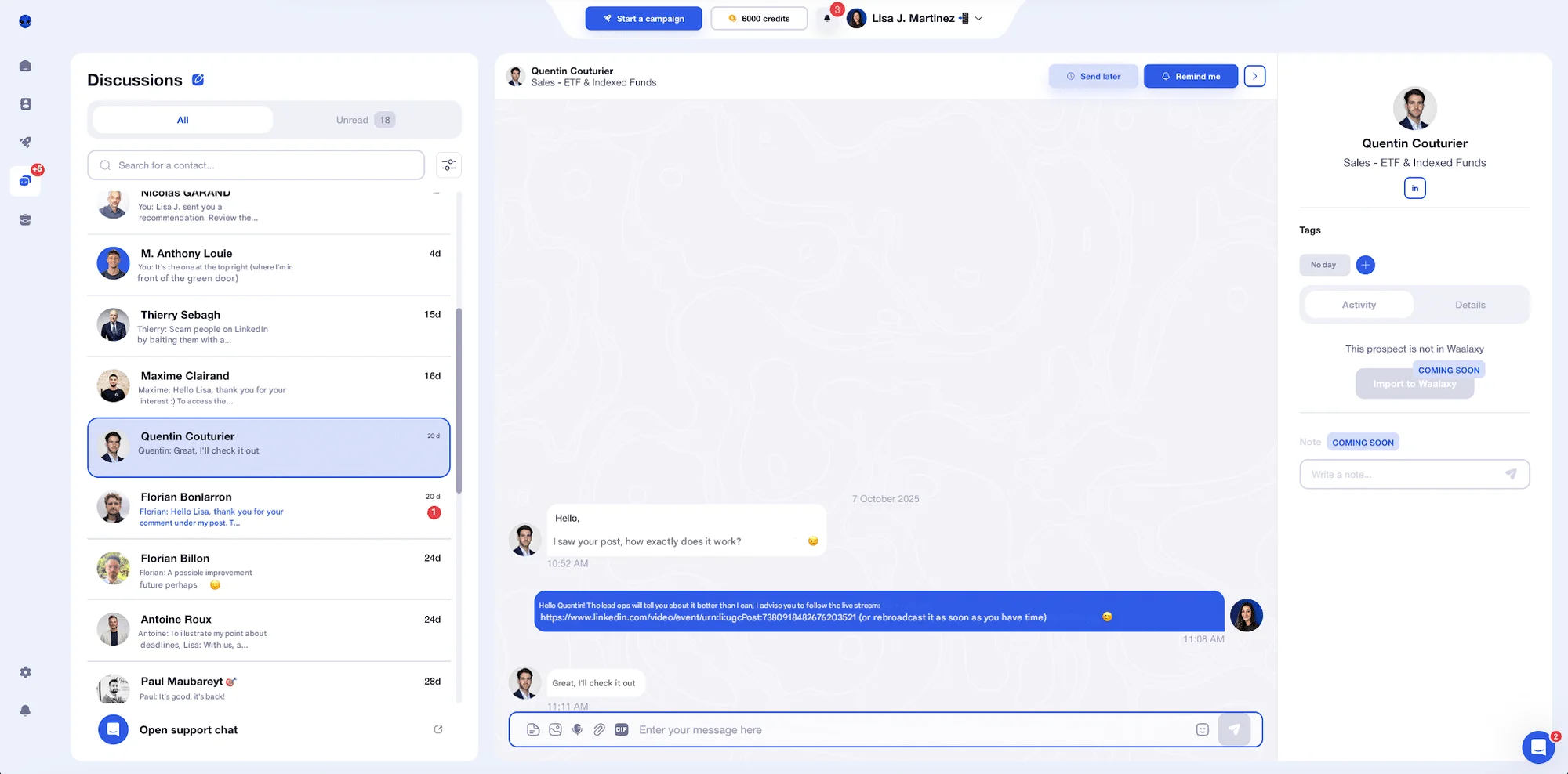 Waalaxy Inbox to automatically contact the influencers you've identified