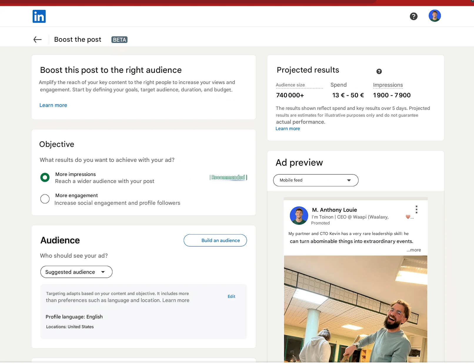 LinkedIn beta to boost a post (paid ads)