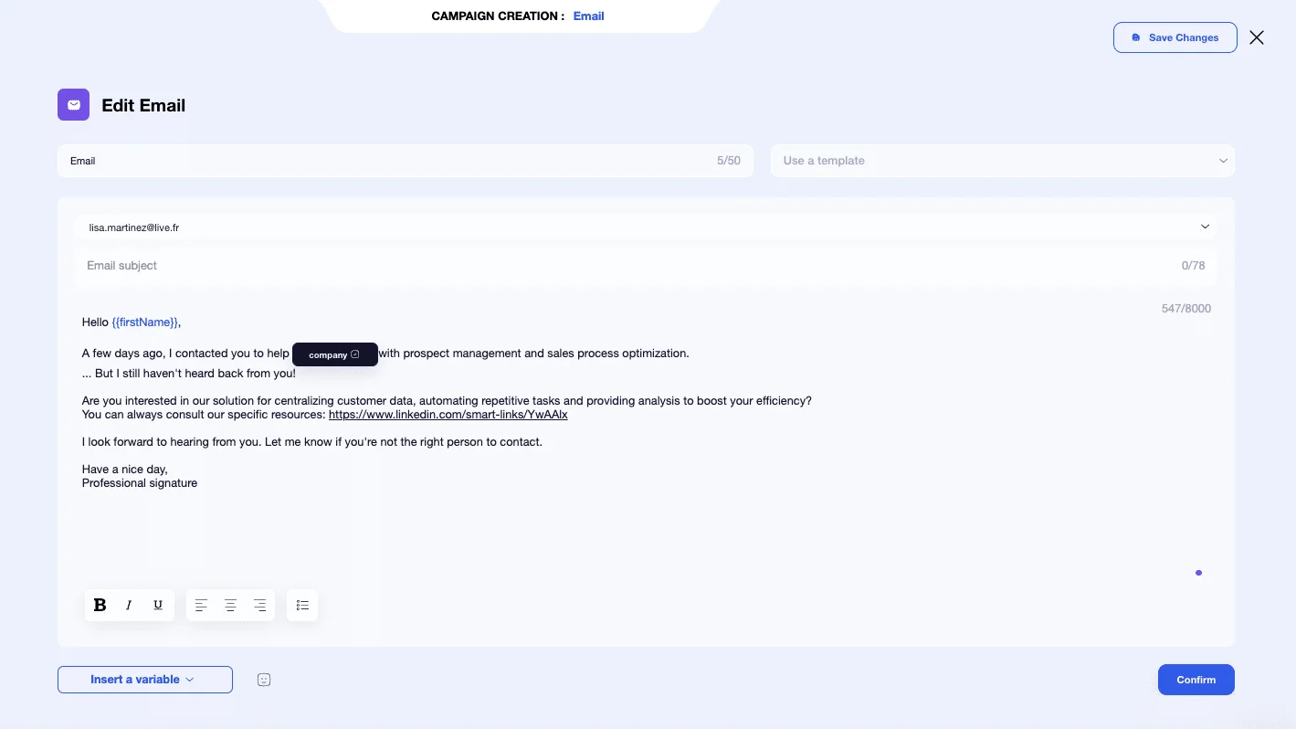 Esempio di Smart Link in un'email di prospecting con Waalaxy.