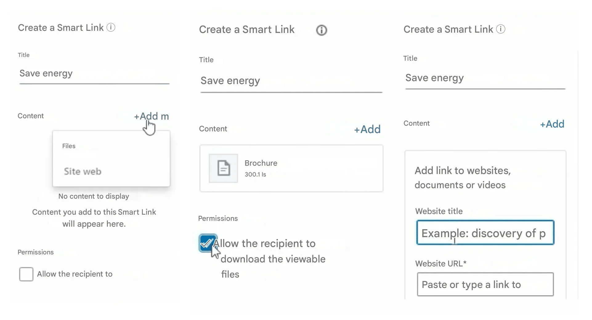 Aggiungete i vostri file/collegamenti web, personalizzate e visualizzate in anteprima i vostri LinkedIn Smart Link.