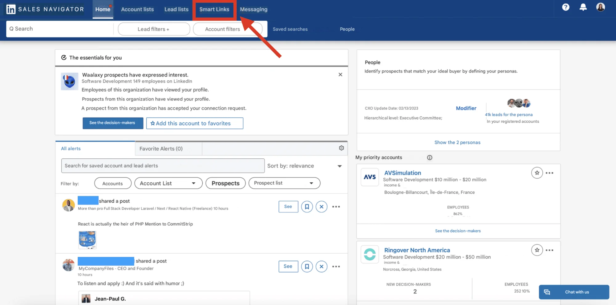 LinkedIn Sales Navigator Advanced: Home e menu dell'account.