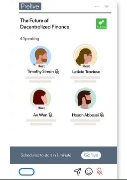 "Page web présentant 'The Future of Decentralized Finance' avec quatre participants, deux hôtesses et deux panélistes."