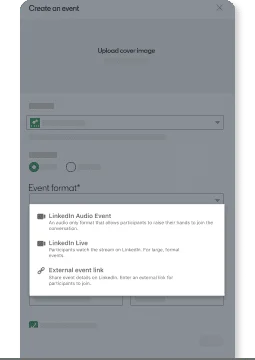 Interface de création d'événement sur LinkedIn, options : Audio Event, Live, External Event Link.