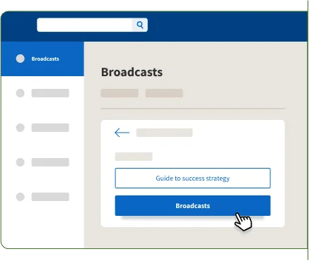 Page web montrant "Broadcasts" avec un curseur sur "Guide to success strategy". Contexte: plateforme en ligne pour stratégies de diffusion réussie.