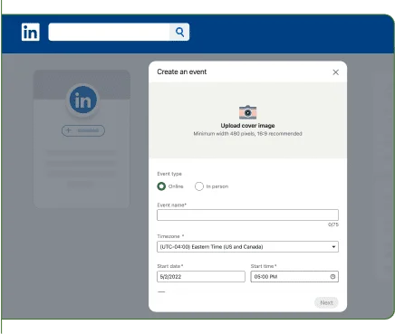 Création d'un événement LinkedIn, saisie des informations.