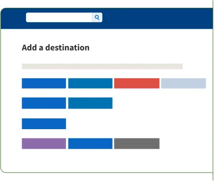 Interface web avec champ de recherche "Ajoutez un destinataire", barres colorées représentant des destinations.