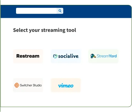 Page web présentant des outils de streaming tels que Restream, Socialive, StreamYard, Switcher Studio et Vimeo.