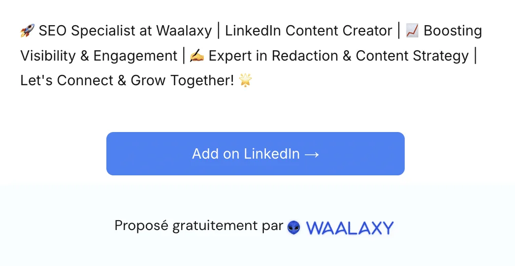 Examples of profile title results optimized with Waalaxy's LinkedIn Headline Generator.