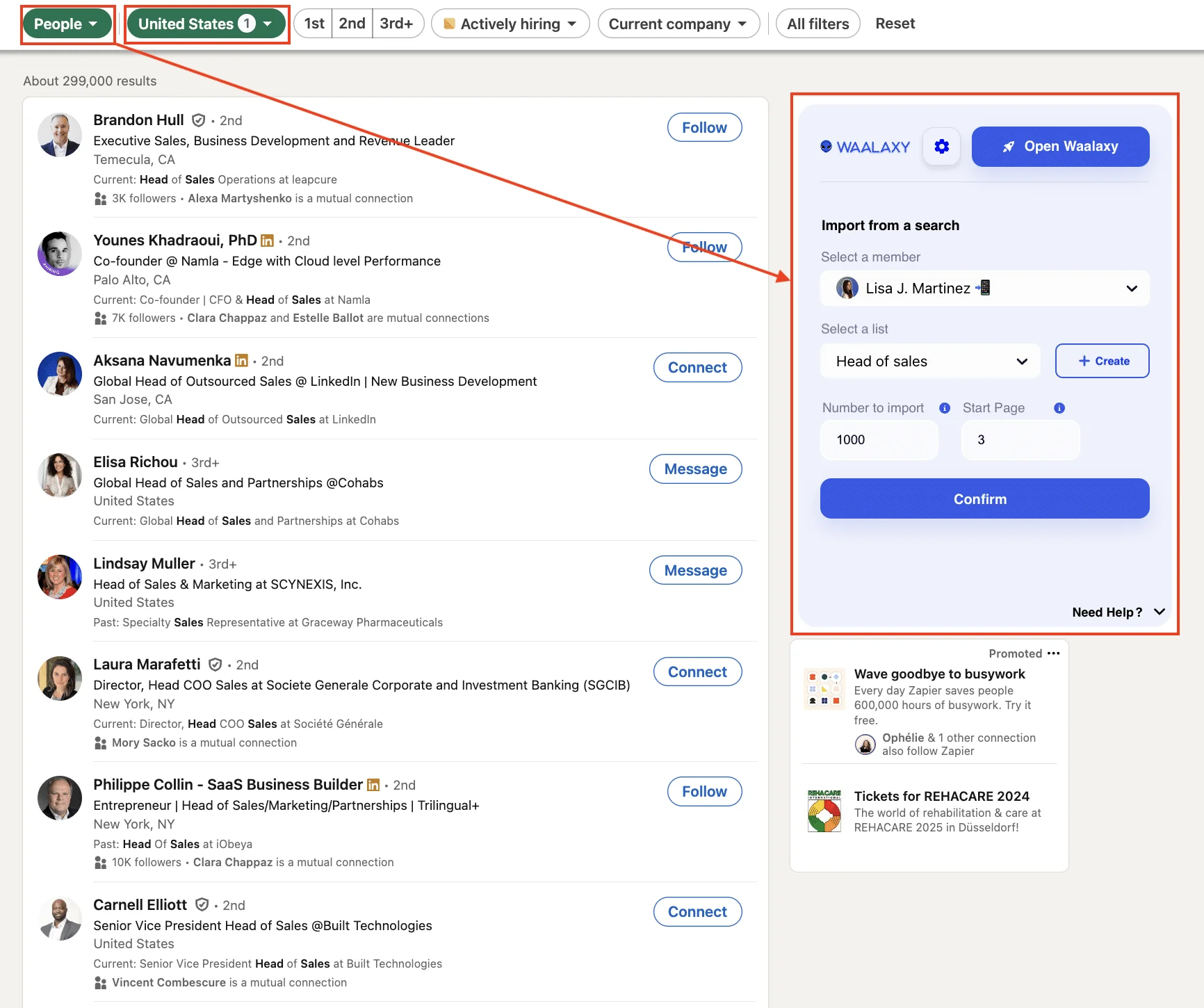Search and import leads from LinkedIn to Waalaxy.