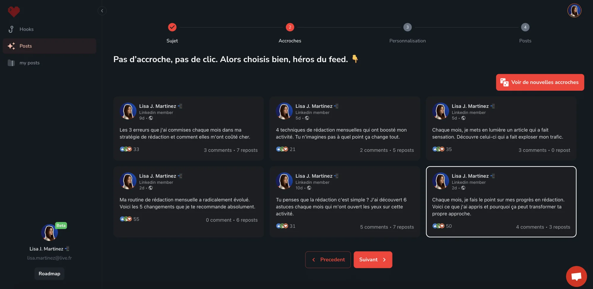 Page web noire présentant des commentaires d'utilisateurs sur l'écriture, texte central "Pas d'accroche, pas de clic", boutons rouges "Prochainer" et "Revenir". Contexte: forum ou plateforme sociale.