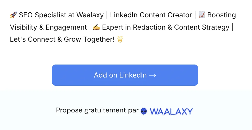Ejemplos de resultados de títulos de perfil optimizados con el generador de titulares de LinkedIn de Waalaxy.