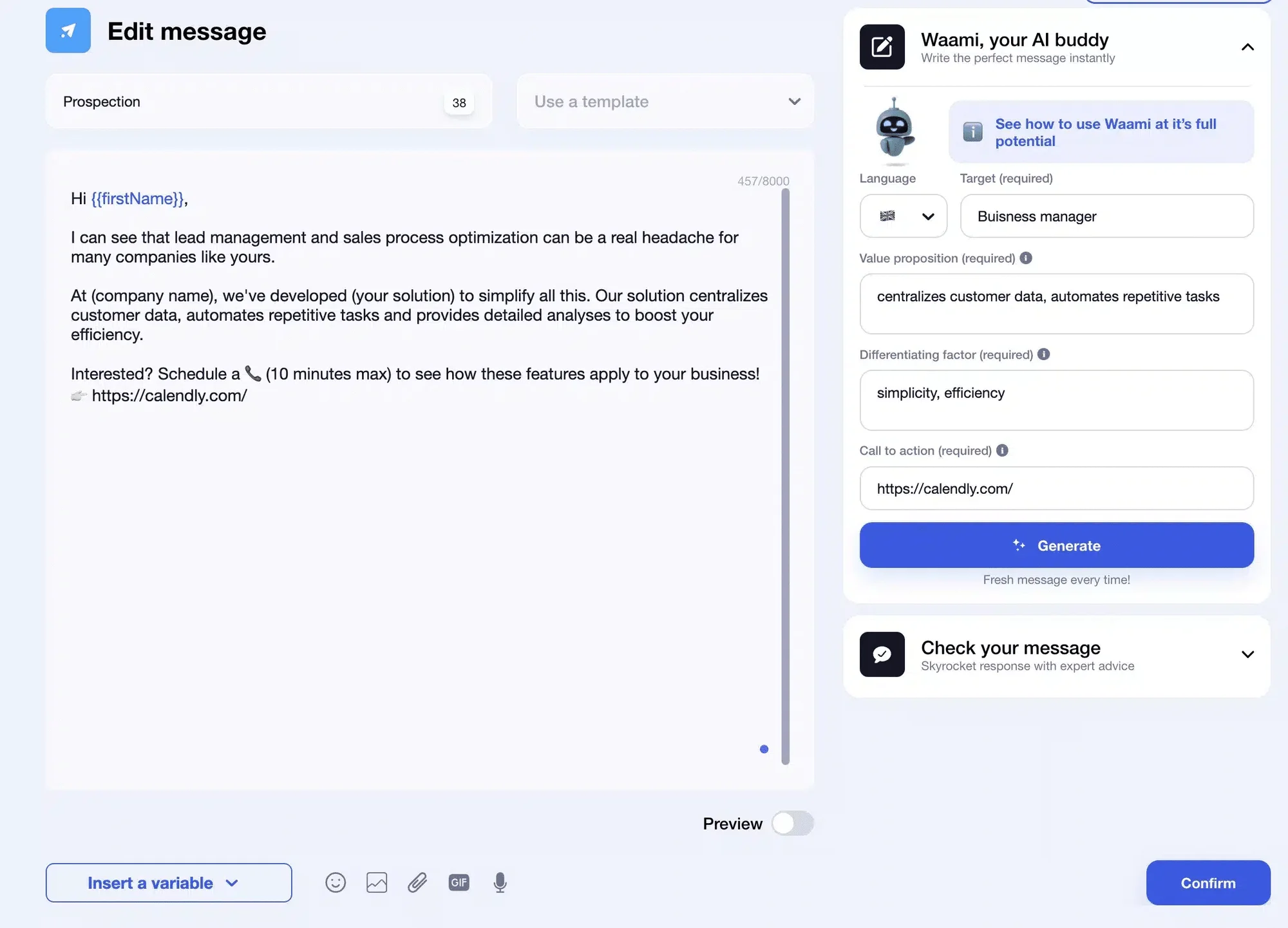 Automatiseer je prospectberichten, follow-ups en antwoorden met de Waami AI van Waalaxy.