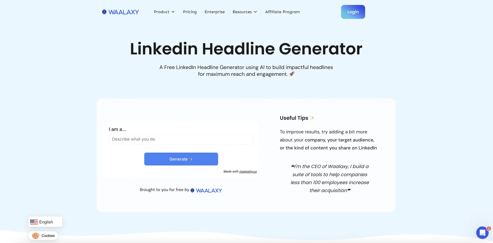 Waalaxy's LinkedIn Headline Generator om de titel van je profiel te optimaliseren.