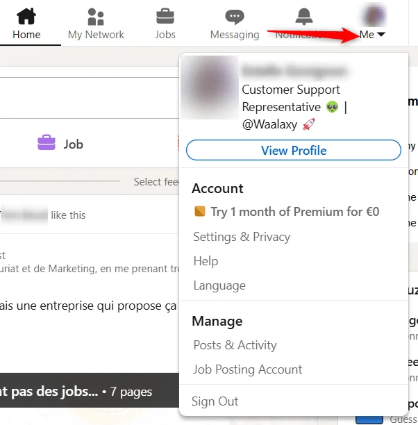 Menu profil Waalaxy LinkedIn