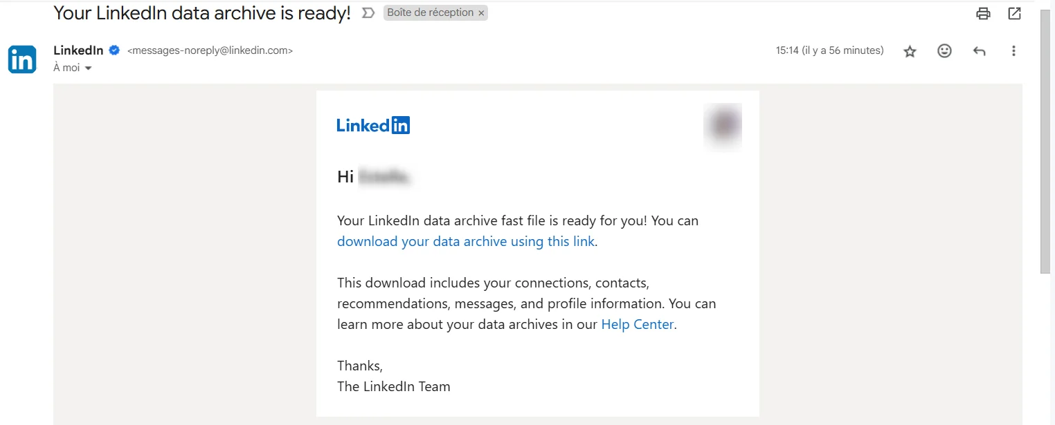 Notification de téléchargement archive données LinkedIn