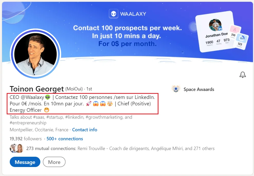 Profil LinkedIn Waalaxy prospection 100 prospects