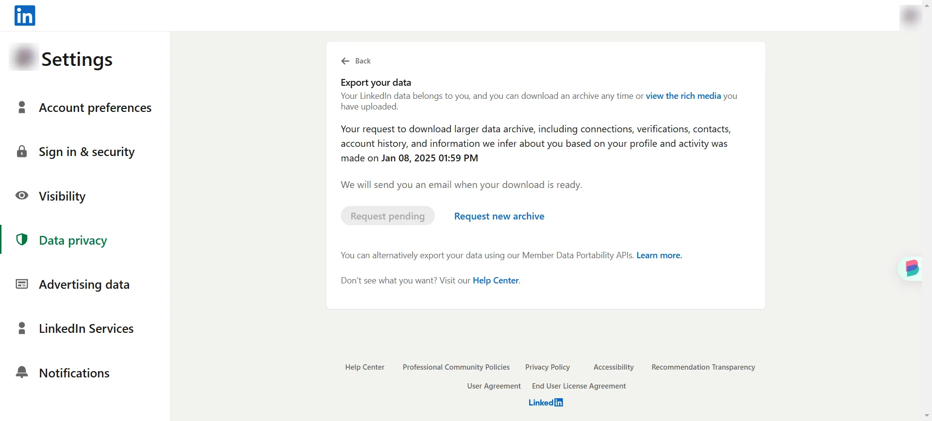 Export de données LinkedIn et confidentialité