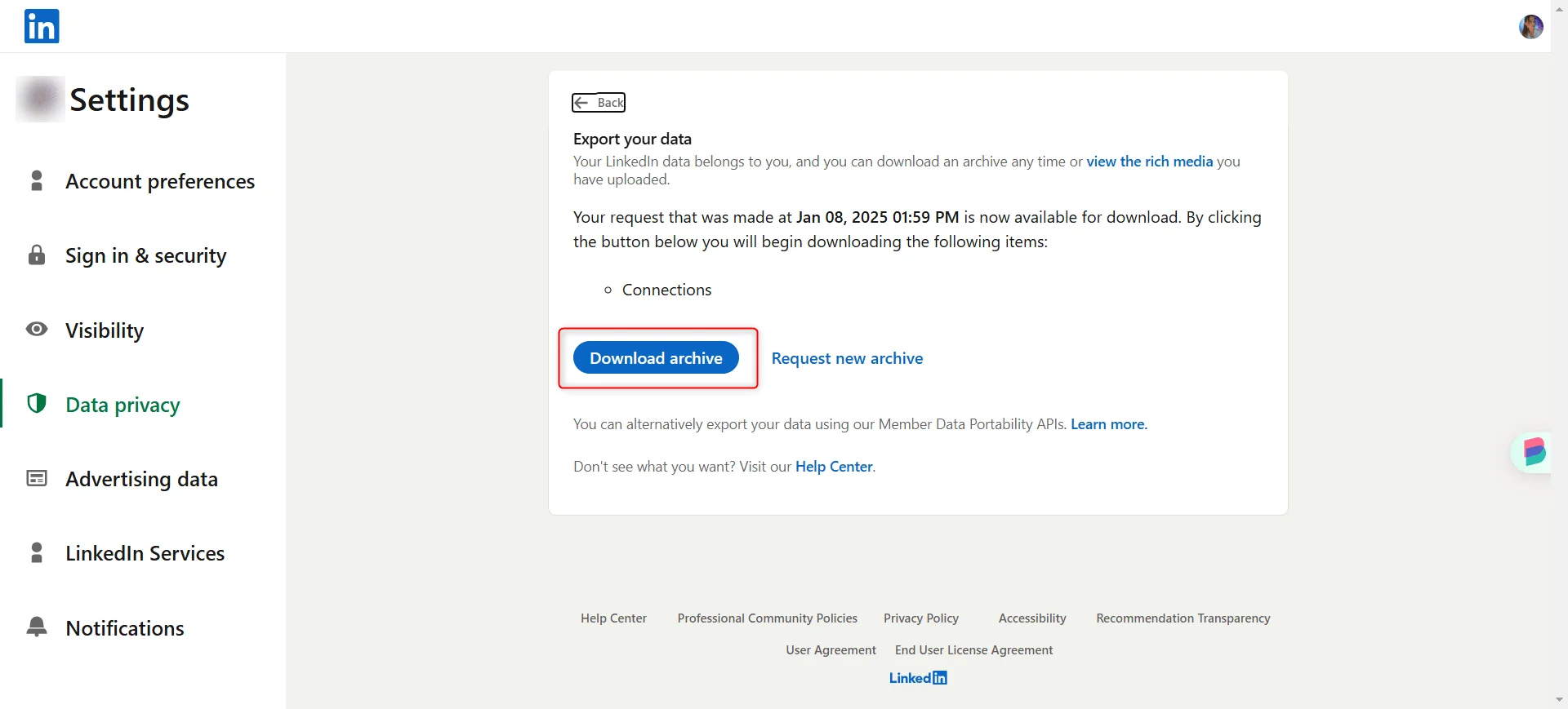 Export archive données LinkedIn et paramètres