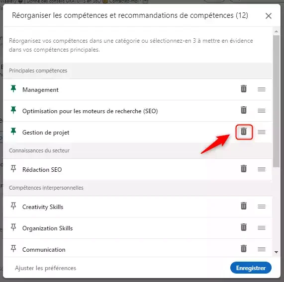 Réorganiser compétences interface Waalaxy