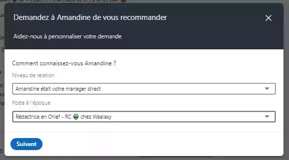 Formulaire demande recommandation Waalaxy