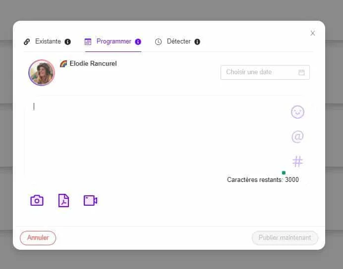 Interface d'édition de publication avec profil "Eloïdie Rancurel", barre d'outils et champ de texte.