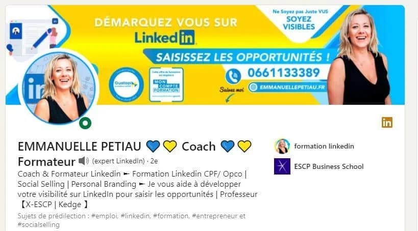Portrait d'Emmanuelle Petiau, coach LinkedIn, formation en vente sociale et branding personnel sur LinkedIn. Contact : 0661133389.