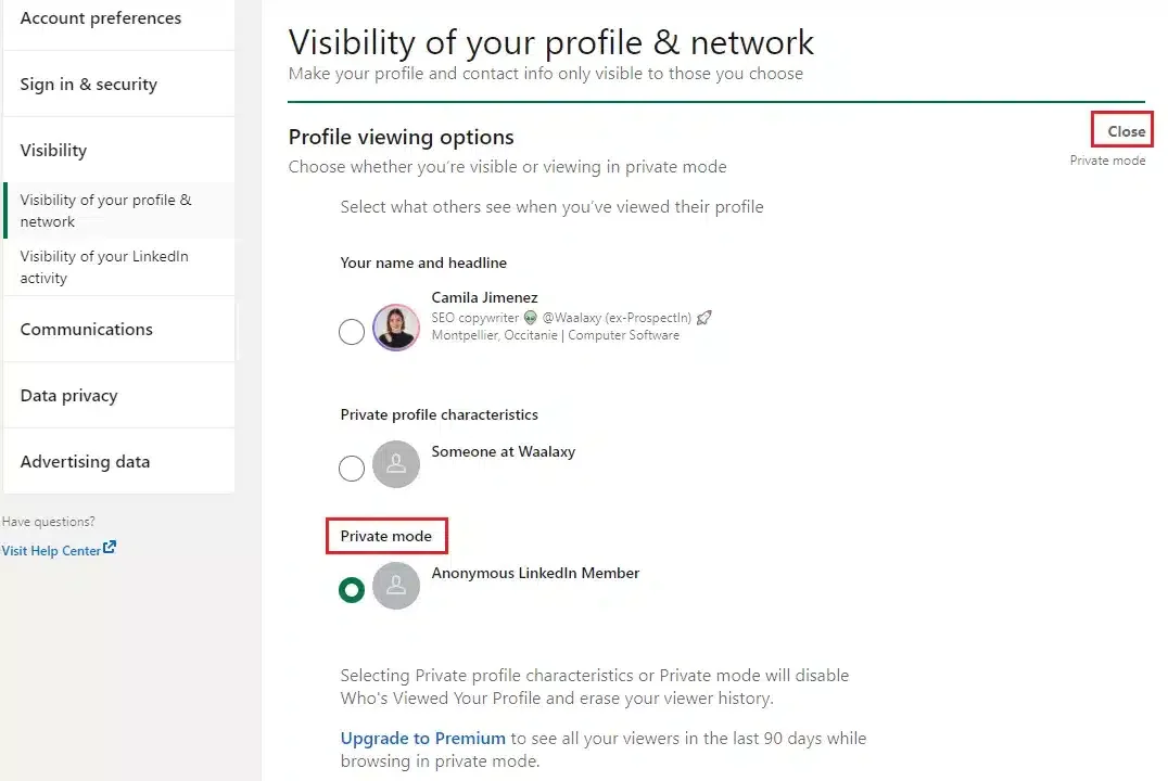 privémodus LinkedIn