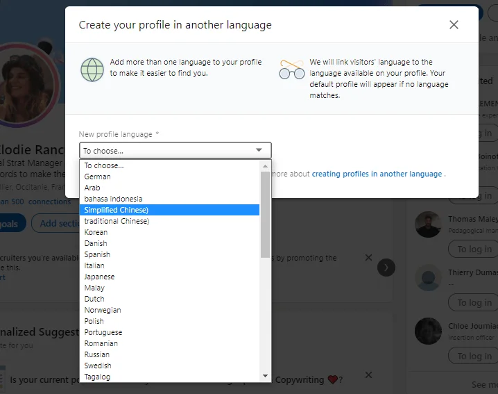 Create multilingual profile Waalaxy