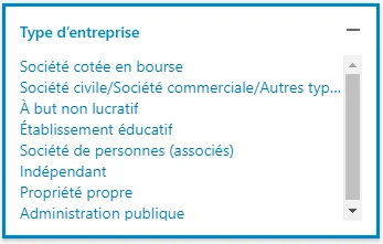 Liste déroulante des types d'entreprise: Société cotée en bourse, Société civile/Société commerciale/Autres types..., etc.