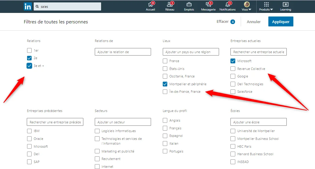 Page LinkedIn avec filtres pour recherche avancée, langues, secteurs, entreprises, et villes sélectionnées.